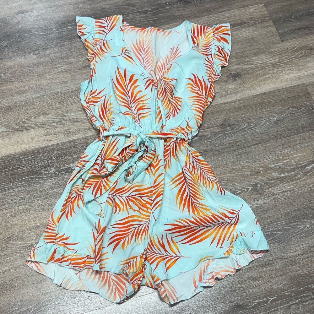 Cupshe Sz SMALL Lightweight Tropical Leaf Romper w/ Stretch Waist, Ruffles #boho - Picture 3 of 14